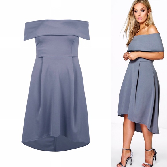 NWT Off Shoulder Double Layer Hi Low Midi Dress - Picture 1 of 5